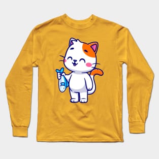 Cute Cat Holding Fish Cartoon Long Sleeve T-Shirt